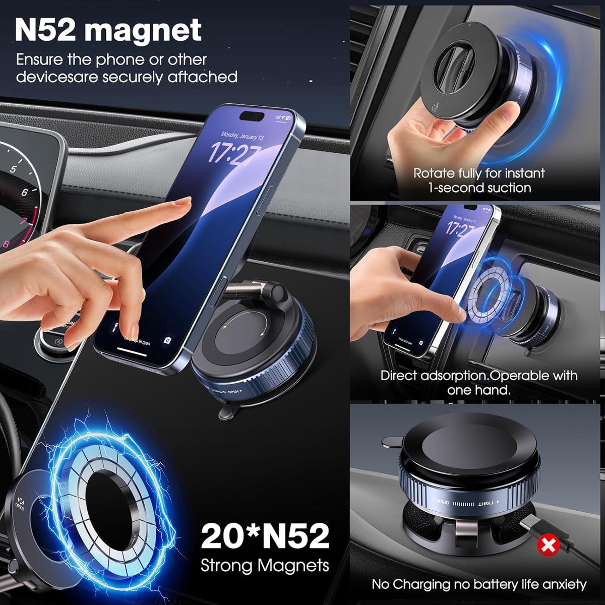 BeBulk Nutrition® 360 Roterende Vacuüm Magnetische Zuigtelefoon Houder Handen Gratis Uitschuifbare Magnetische Vacuüm Telefoon Houder Voor Auto Gym Spiegel Douche