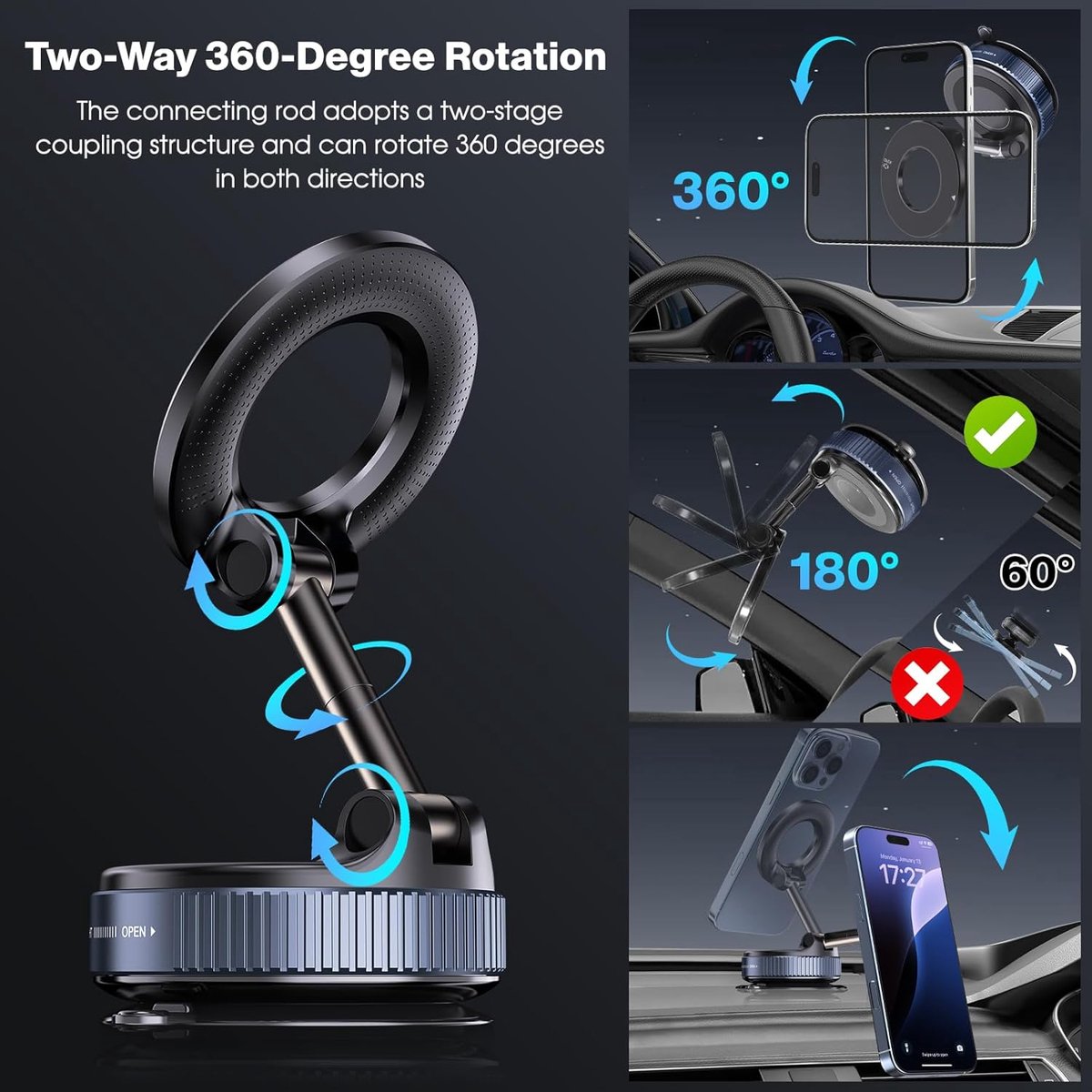 BeBulk Nutrition® 360 Roterende Vacuüm Magnetische Zuigtelefoon Houder Handen Gratis Uitschuifbare Magnetische Vacuüm Telefoon Houder Voor Auto Gym Spiegel Douche